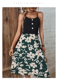 Detail of floral patchwork midi dress with buttoned bodice and ruffled waistline