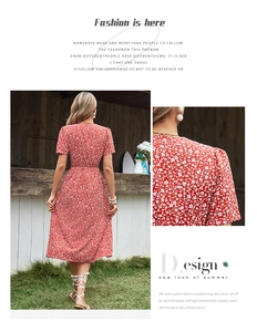 Détail d'une robe longue rouge à fleurs avec col en V et taille cintrée élégante
