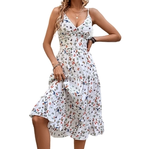 Women's white V-neck strap dress with colorful butterfly prints and tiered ruffle hem