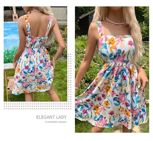 Detailed back and front view of a summer floral A-line dress with smocked elastic back detail