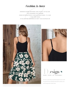 Detail of thin black straps and floral pleated patchwork on a summer midi dress