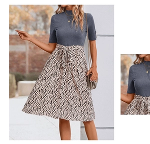 Détail de la robe élégante avec imprimé léopard épissé et haut gris côtelé à la taille