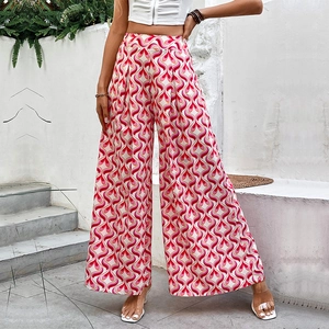 Pantalon Femme Taille Haute Jambe Large Imprimé Géométrique Cœur Bohème Polyester Évasé Vacances d'Été Décontracté