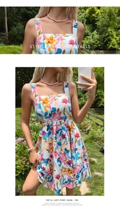 Detail view of floral print backless summer dress with stylish wide straps