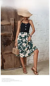 Detail of floral patchwork dress with black buttoned bodice and green flowery skirt