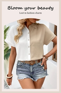 Detail of color-block shirt with contrast panels and collared neckline on model