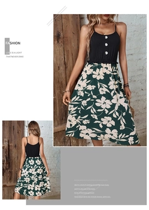 Close-up of contrast patchwork summer dress with floral A-line skirt and button detail