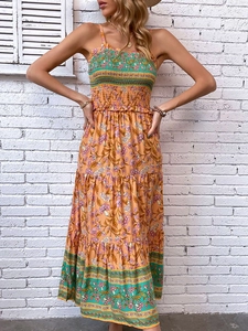 Robe Longue Maxi en Viscose Bohème pour Femmes Été Bretelles Fines Smockée à Étages Volants Vacances Plage Robe Longue