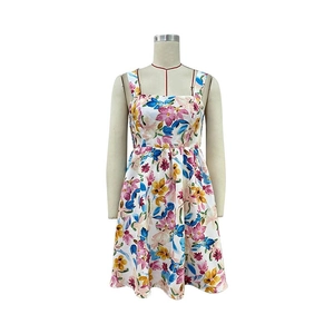 Detailed close-up of square neck design and vibrant floral print on summer dress