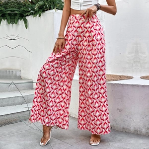 Pantalon femme taille haute à jambes larges avec imprimé cœurs rétro rose d'été