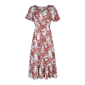Detail of V-neck red floral midi dress with white plant pattern and high waist design