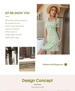 Detail of green floral chiffon dress featuring square neck and puff sleeves for summer