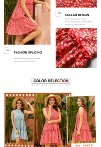 Detail view of floral halter dress featuring ruffled necklines and light daisy prints