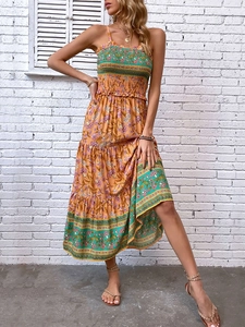 Robe longue bohème orange à fleurs pour femme avec bustier smocké et volants