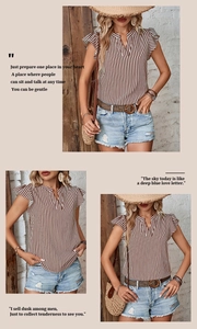 Detailed view of the V-neck and ruffle sleeves on the brown striped casual summer blouse