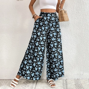 Women High Waist Wide Leg Floral Pants Breathable Polyester Casual Bohemian Summer Trousers With Pockets Vacation Daily
