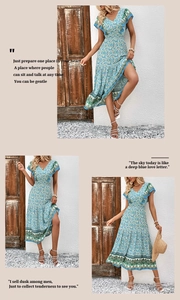 Détail d'une robe maxi bohème fleurie bleu sarcelle avec col en V et manches à volants