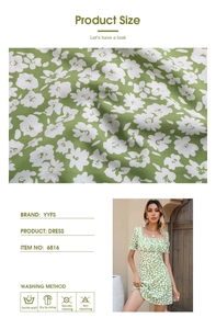 Detail of green floral chiffon dress showing square neck, fabric texture, and sizing info