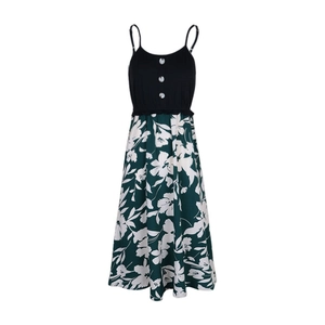 Detail view of floral print summer maxi dress with decorative buttons and elastic waist