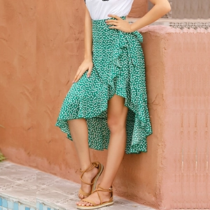 Green floral wrap skirt with asymmetric ruffle hem and high waist tie design