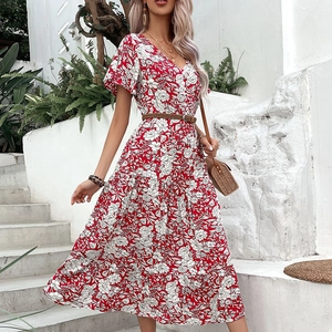Women's V Neck Floral Midi Dress 100% Viscose Short Ruffle Sleeve Summer Vacation High Waist A-Line Tiered Dress With Belt