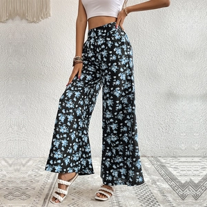 Women high waist floral wide leg trousers with blue print and elegant drape fit