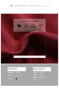 Detailed texture of burgundy halter dress knit fabric with model size and fit guide