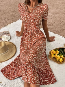 Women Summer V Neck Floral Print Midi Dress Boho Puff Short Sleeve Stretchy High Waist Ruffle Hem Casual Vacation Beach Dress