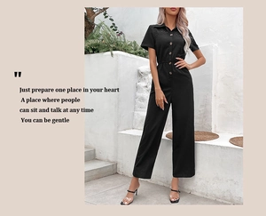 Detail of black jumpsuit showing lapel collar, button placket and lace hollow design
