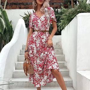 Floral print V-neck summer maxi dress with butterfly sleeves and woven belt detail