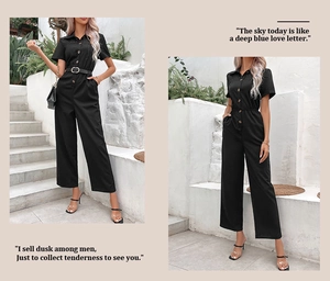 Detail of short-sleeved jumpsuit with lapel collar, button front, and matching waist belt