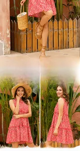 Detail of red floral layered summer dress styled with straw hat and woven basket bag