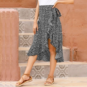 Summer wrap skirt with black floral pattern and elegant ruffle edges for women