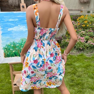 Women's backless floral A-line summer dress with strappy neckline and colorful print