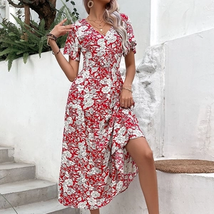 Women's summer V-neck floral midi dress with short sleeves and waist pleats for vacation