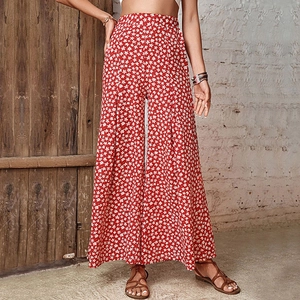 Women high waist wide leg long pants with red floral print and lightweight fabric
