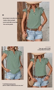 Close-up of green and white vertical striped summer shirt with ruffled sleeve and V-neckline