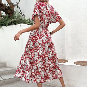 Elegant red floral midi dress with layered tiered design and flutter sleeves for summer