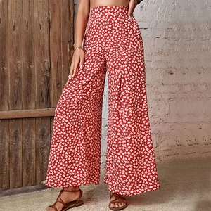 Women's high-waisted wide-leg trousers in vibrant red floral print for summer style