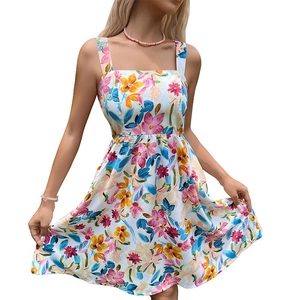 Floral print A-line summer dress with square neck and wide straps on white background