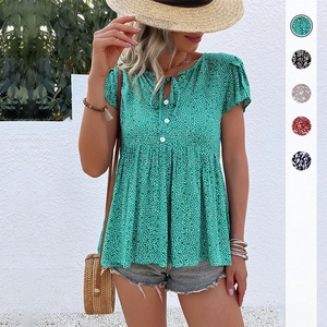 Women Summer Floral Short Sleeve Babydoll Blouse V Neck Tie Front Peplum Top Boho Casual Loose Viscose Print Shirt