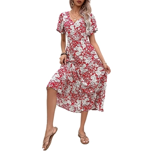 Women's floral red midi dress with V-neck, short sleeves and ruffled hem in summer style