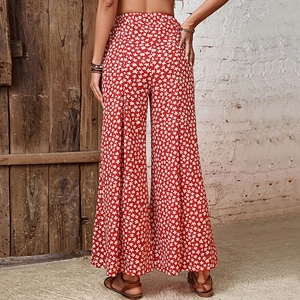 Bohemian high-waist floral wide-leg pants in red and white fabric for summer