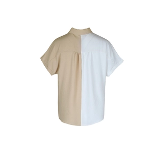 Back view of summer short sleeve contrast panel shirt in khaki and white fabric