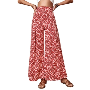 Women's high-waisted red wide-leg trousers with white floral print in a light fabric