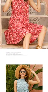 Close-up of floral summer dresses with sleeveless design and pleated skirt details