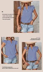 Detail of blue striped V-neck blouse featuring elegant ruffle sleeves for summer