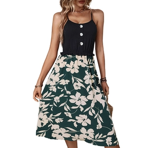 Women's summer floral patchwork sundress with button detail and high waist design