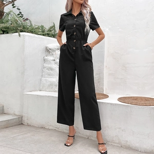 Summer black short sleeve jumpsuit with lapel collar, lace detailing and wide leg fit