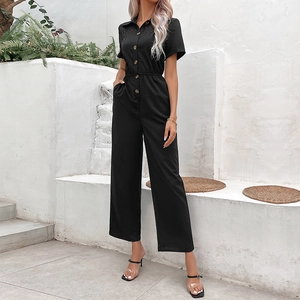 Women's chic black short sleeve jumpsuit with lapel collar and waist-tie wide leg design